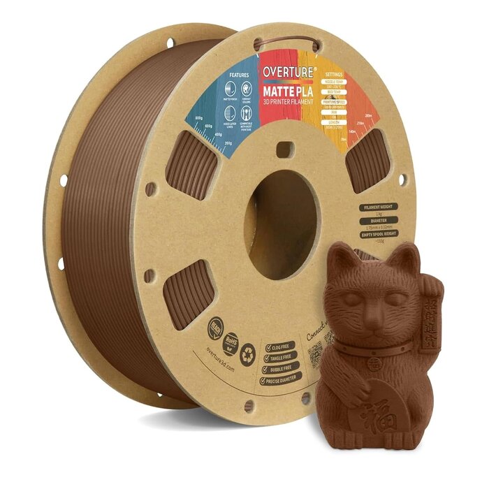 OVPLA-MATTE-CHOCO - OVERTURE Chocolate Matte PLA 3D Printer Filament 1.75mm, Matt Surface & Low Warping Filament 1kg Spool (2.2 lbs), Accuracy +/- 0.02 mm, Fit Most FDM Printers (Matte Chocolate)