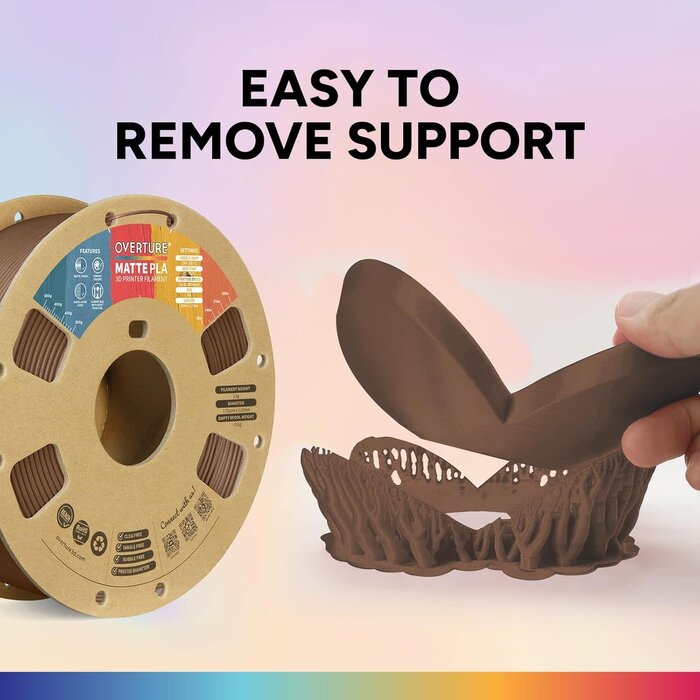OVPLA-MATTE-CHOCO - OVERTURE Chocolate Matte PLA 3D Printer Filament 1.75mm, Matt Surface & Low Warping Filament 1kg Spool (2.2 lbs), Accuracy +/- 0.02 mm, Fit Most FDM Printers (Matte Chocolate)