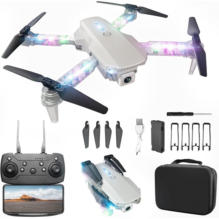 E88D-WHT - BEZGAR Drone with Camera 1080P HD - Foldable FPV Mini Drones with LED Lights for Adults Kids and Beginners, Toys Gifts RC Quadcopter with One Key Take Off, 3D Flips for Boys Girls with 2 Batteries, White
