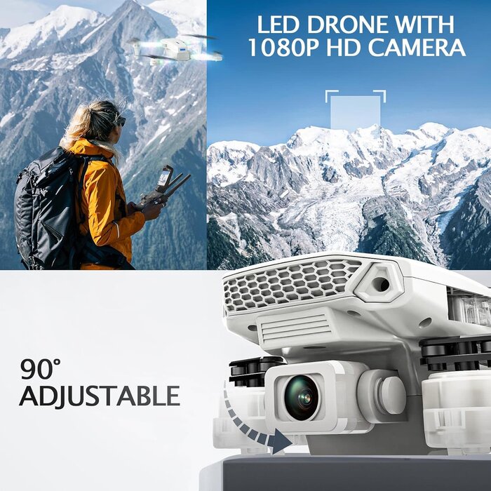 E88D-WHT - BEZGAR Drone with Camera 1080P HD - Foldable FPV Mini Drones with LED Lights for Adults Kids and Beginners, Toys Gifts RC Quadcopter with One Key Take Off, 3D Flips for Boys Girls with 2 Batteries, White