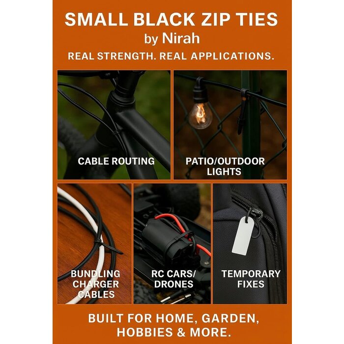 4IN-ZIPTIES-100PK - Nirah 100 Pack, Small Zip Ties, 4 inch, Black – 18 LB Strength, UV-Resistant, Self-Locking Nylon PA66 Tiny Cable Ties, Mini Zip Ties for Electronics, Wire Management, Office, Garden, Craft & Decorations