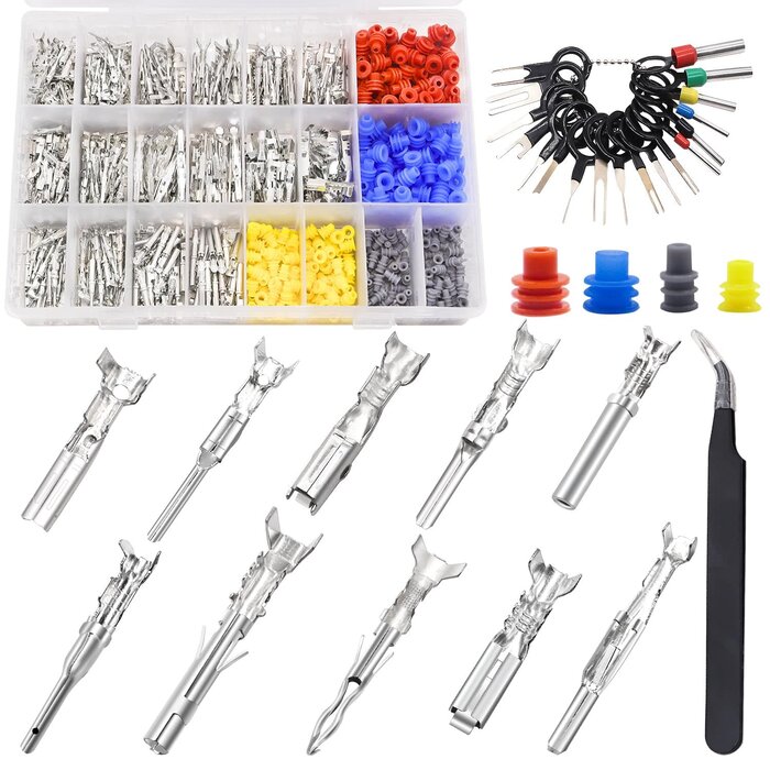 M-135-822PCS - Mankk Automotive Electrical Pin Connector Terminal Pins Kit 1.5/1.8/2.5/2.8mm Male Female Crimp Terminal Pins Non-Insulated Plug Removal Tool Kit for 22-12 Gauge Plug