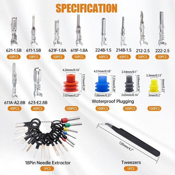 M-135-822PCS - Mankk Automotive 420 Piece Electrical Pin Connector Terminal Pins Kit 1.5/1.8/2.5/2.8mm Male Female Crimp Terminal Pins Non-Insulated Plug Removal Tool Kit for 22-12 Gauge Plug
