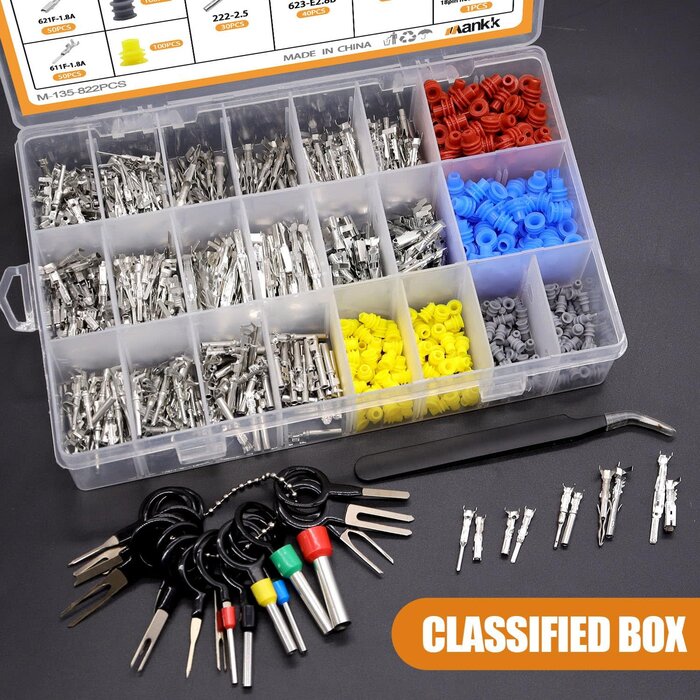 M-135-822PCS - Mankk Automotive Electrical Pin Connector Terminal Pins Kit 1.5/1.8/2.5/2.8mm Male Female Crimp Terminal Pins Non-Insulated Plug Removal Tool Kit for 22-12 Gauge Plug