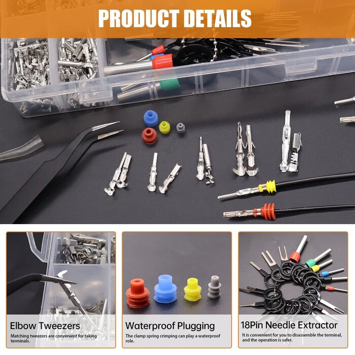 M-135-822PCS - Mankk Automotive 420 Piece Electrical Pin Connector Terminal Pins Kit 1.5/1.8/2.5/2.8mm Male Female Crimp Terminal Pins Non-Insulated Plug Removal Tool Kit for 22-12 Gauge Plug