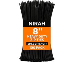 8"-ZIP-TIES - Nirah 8 inch Heavy Duty Zip Ties, Black, 50 LB Strength, 100pk, UV‑Resistant, Nylon 66, Self‑Locking Black Cable Ties, Wire Ties, Tie Wraps for Indoor/Outdoor, Construction, Electrician, Office & Home Use