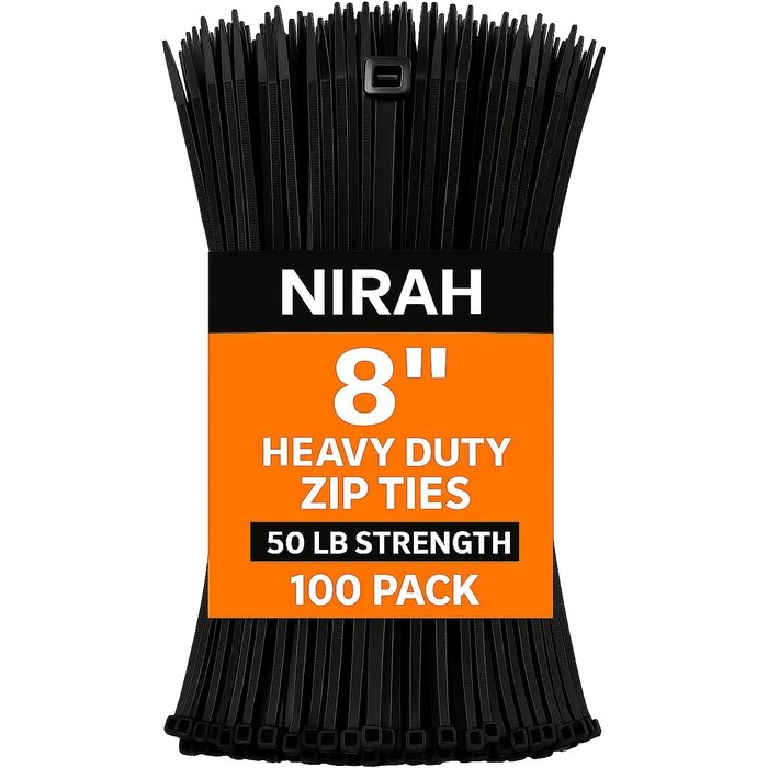 8"-ZIP-TIES - Nirah 8 inch Heavy Duty Zip Ties, Black, 50 LB Strength, 100pk, UV‑Resistant, Nylon 66, Self‑Locking Black Cable Ties, Wire Ties, Tie Wraps for Indoor/Outdoor, Construction, Electrician, Office & Home Use