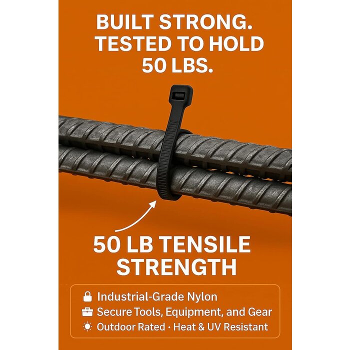 8"-ZIP-TIES - Nirah 8 inch Heavy Duty Zip Ties, Black, 50 LB Strength, 100pk, UV‑Resistant, Nylon 66, Self‑Locking Black Cable Ties, Wire Ties, Tie Wraps for Indoor/Outdoor, Construction, Electrician, Office & Home Use