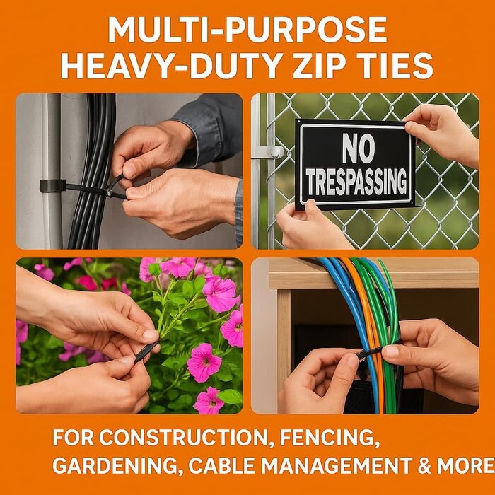 8"-ZIP-TIES - Nirah 8 inch Heavy Duty Zip Ties, Black, 50 LB Strength, 100pk, UV‑Resistant, Nylon 66, Self‑Locking Black Cable Ties, Wire Ties, Tie Wraps for Indoor/Outdoor, Construction, Electrician, Office & Home Use