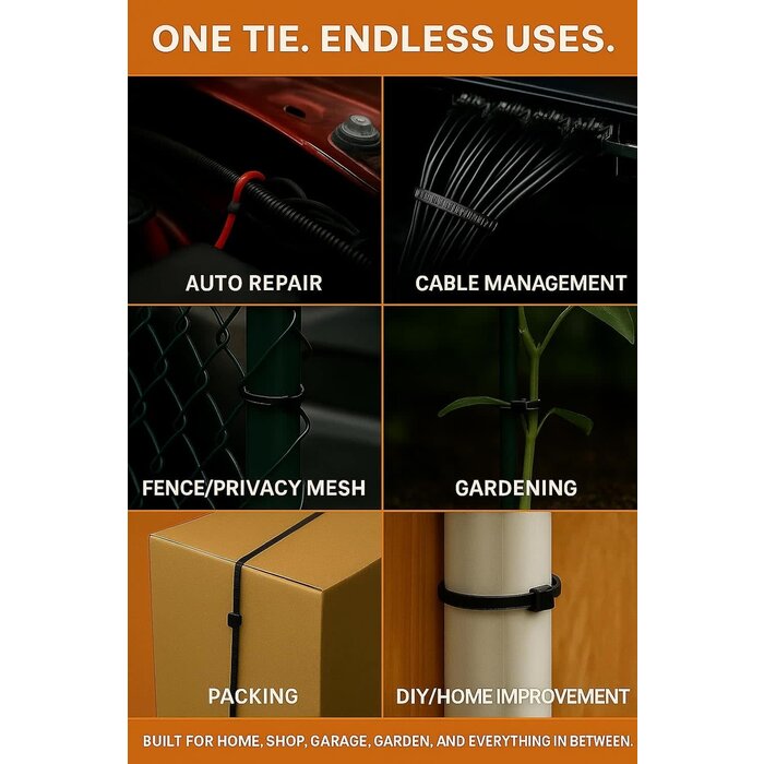 8"-ZIP-TIES - Nirah 8 inch Heavy Duty Zip Ties, Black, 50 LB Strength, 100pk, UV‑Resistant, Nylon 66, Self‑Locking Black Cable Ties, Wire Ties, Tie Wraps for Indoor/Outdoor, Construction, Electrician, Office & Home Use