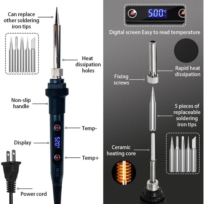 SOLDER-KIT - WellerMan Soldering Iron Kit 80W – LCD Digital Adjustable Temperature Soldering Tool Set with 5 Precision Tips, Desoldering Pump, Solder Wire, Stand for DIY, Electrical Repairs, and Metal Work
