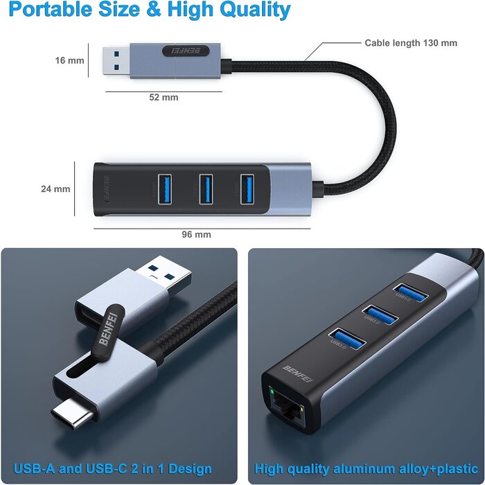 RJ45-TYPEC/A-HUB-01 - BENFEI 2in1 USB-C/USB 3.0 to Ethernet Adapter with 3*USB 3.0 Ports Compatible for iPhone 15 Series, MacBook Pro/Air 2023/2022/2021/2020/2019 and More