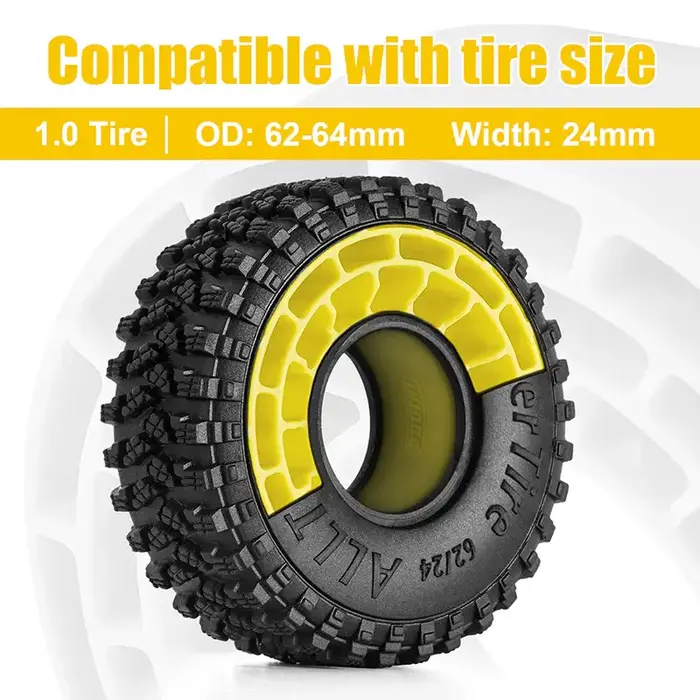 INJORA DGT-1064YE - INJORA 4pcs Silicone Rubber Inserts For 62-64mmx24mm 1.0" Tires, 1/24 & 1/18 Scale, Yellow