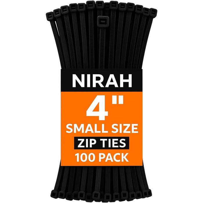 4IN-ZIPTIES-100PK - Nirah 100 Pack, Small Zip Ties, 4 inch, Black – 18 LB Strength, UV-Resistant, Self-Locking Nylon PA66 Tiny Cable Ties, Mini Zip Ties for Electronics, Wire Management, Office, Garden, Craft & Decorations