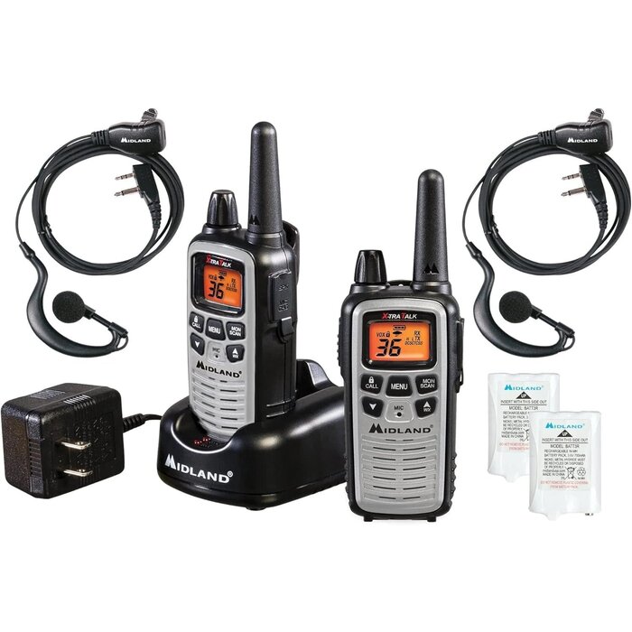 LXT600VP4 - Midland FRS Business Walkie Talkies - Long Range 36-Channel Two-Way Radios with Headsets and Charging Base, NOAA Weather Alerts (2-Pack, Gray)