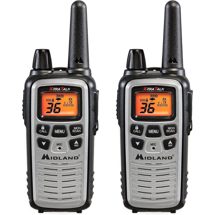 LXT600VP4 - Midland FRS Business Walkie Talkies - Long Range 36-Channel Two-Way Radios with Headsets and Charging Base, NOAA Weather Alerts (2-Pack, Gray)