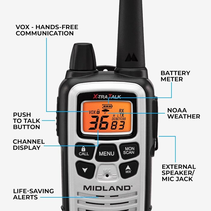 LXT600VP4 - Midland FRS Business Walkie Talkies - Long Range 36-Channel Two-Way Radios with Headsets and Charging Base, NOAA Weather Alerts (2-Pack, Gray)