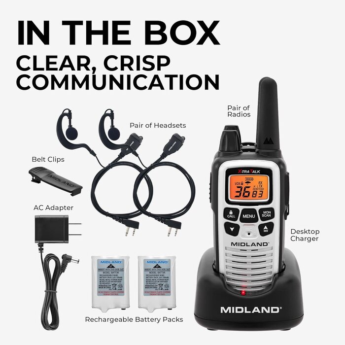 LXT600VP4 - Midland FRS Business Walkie Talkies - Long Range 36-Channel Two-Way Radios with Headsets and Charging Base, NOAA Weather Alerts (2-Pack, Gray)