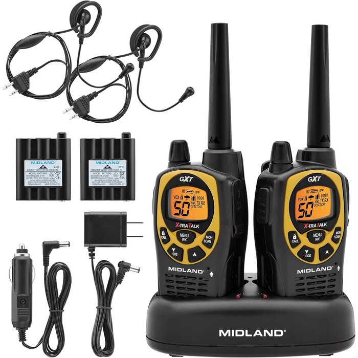 GXT1030VP4 - Midland GXT1030VP4 GMRS Two-Way Radio (50-Channel, Long Range, 142 Privacy Codes, SOS, NOAA, Rechargeable Nickel Battery, Black/Yellow, 2-Pack)