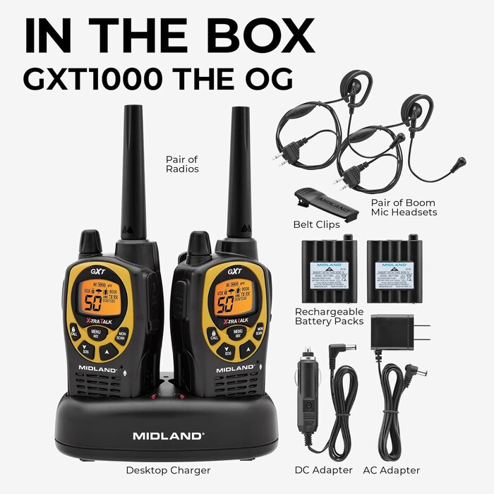 GXT1030VP4 - Midland GXT1030VP4 GMRS Two-Way Radio (50-Channel, Long Range, 142 Privacy Codes, SOS, NOAA, Rechargeable Nickel Battery, Black/Yellow, 2-Pack)