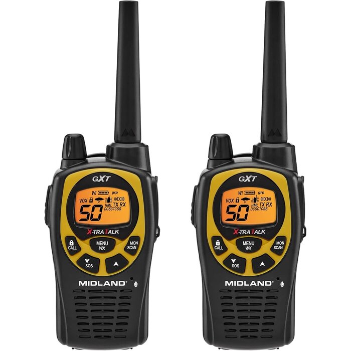 GXT1030VP4 - Midland GXT1030VP4 GMRS Two-Way Radio (50-Channel, Long Range, 142 Privacy Codes, SOS, NOAA, Rechargeable Nickel Battery, Black/Yellow, 2-Pack)