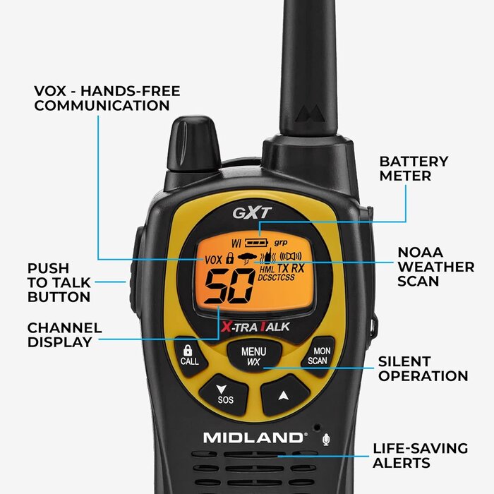GXT1030VP4 - Midland GXT1030VP4 GMRS Two-Way Radio (50-Channel, Long Range, 142 Privacy Codes, SOS, NOAA, Rechargeable Nickel Battery, Black/Yellow, 2-Pack)