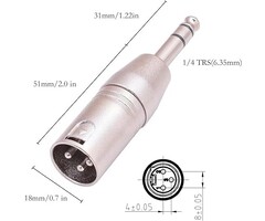 SZYY0054 - Jozzai 1/4 to XLR Adapter for Microphone, Mixer, Silver, 1/4 inches TRS Male to XLR Male Coupler, 6.35mm TRS to XLR Adapter, Zinc Alloy with Nickel Plating
