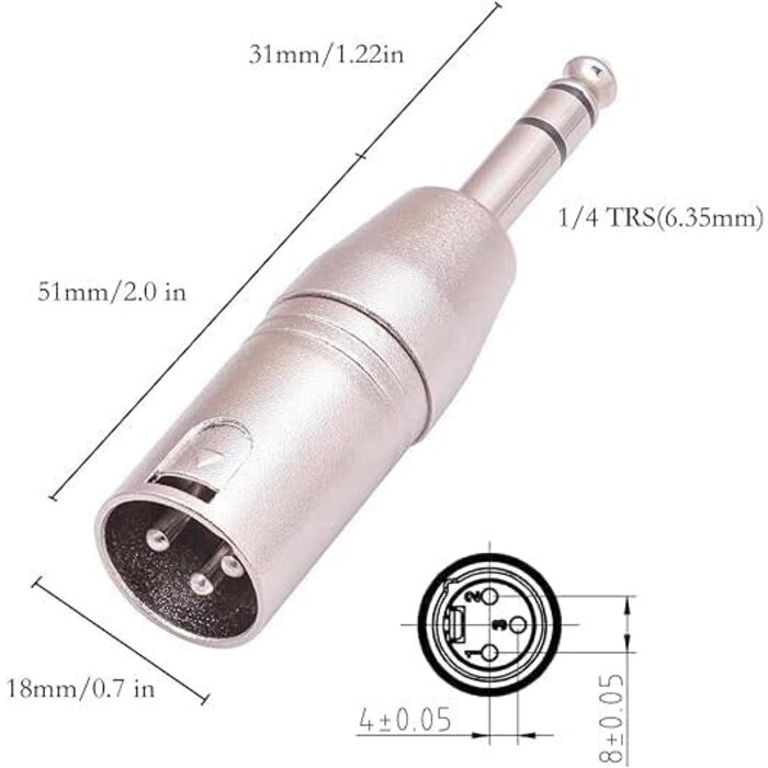 SZYY0054 - Jozzai 1/4 to XLR Adapter for Microphone, Mixer, Silver, 1/4 inches TRS Male to XLR Male Coupler, 6.35mm TRS to XLR Adapter, Zinc Alloy with Nickel Plating