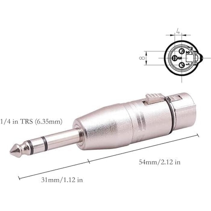 YYSZ0055 - Jozzai 1/4 to XLR Adapter for Microphone, Mixer, Silver, 1/4 TRS Male to XLR Female Adapter, 3-PIN Adapter Connector, Compatible with Microphone, Mixer, Zinc Alloy with Nickel Plating