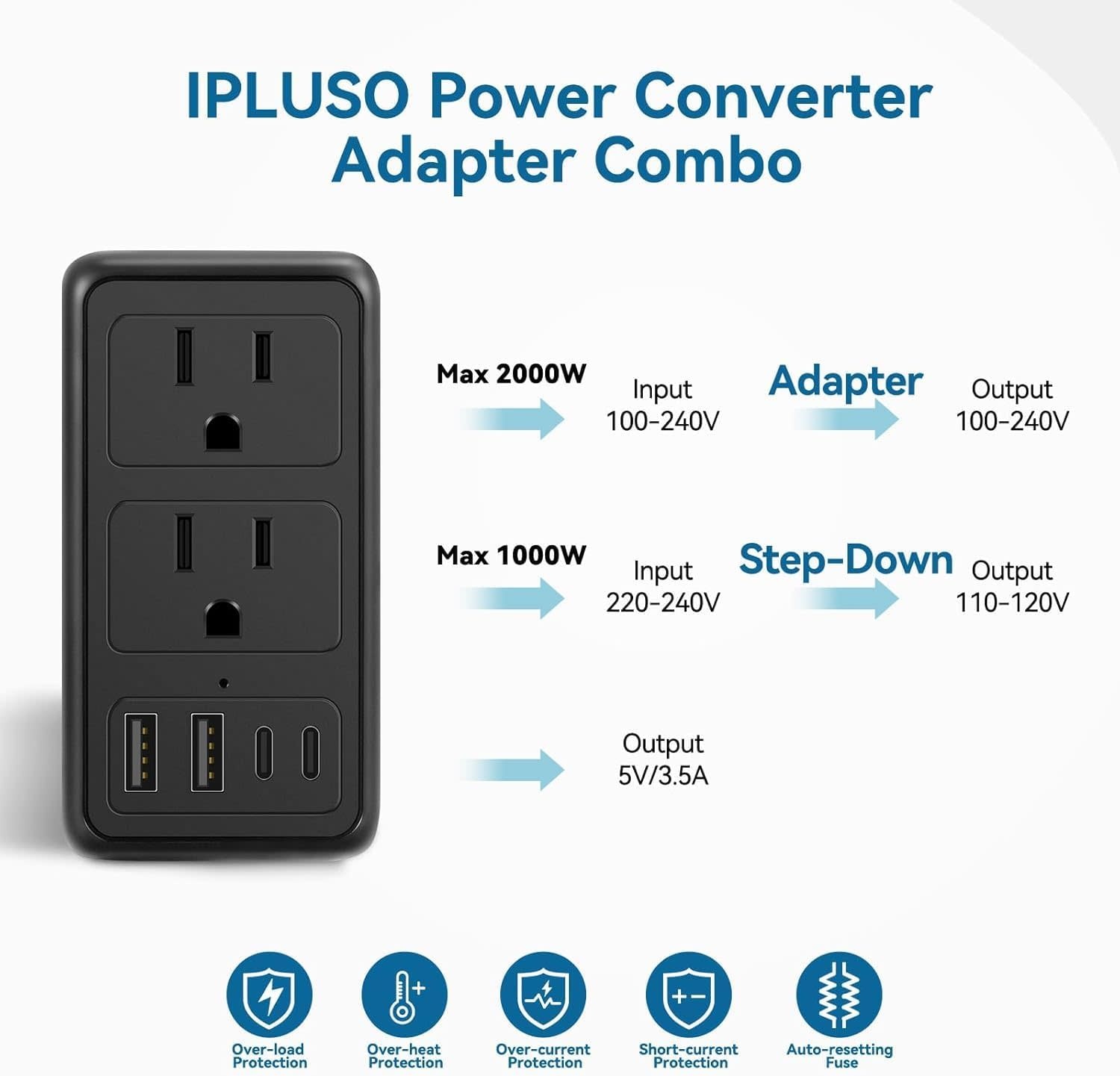 2000W 220V to 110V Converter, Power Converter Travel Adapter Combo for Hair Dryer, Phones, Laptop, MacBook, Plug Adapter with 2-Port USB, Voltage Converter US to Europe, UK, Israel Over 150 Countries