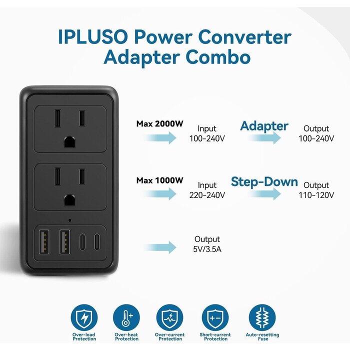 2000W 220V to 110V Converter, Power Converter Travel Adapter Combo for Hair Dryer, Phones, Laptop, MacBook, Plug Adapter with 2-Port USB, Voltage Converter US to Europe, UK, Israel Over 150 Countries