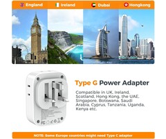 TYPE-G-7 - TESSAN Type G UK Adapters for Travel, US to UK Ireland Plug Adapter 20W, Foldable Power Adaptor with 4 Outlets 3 USB(PD 20W 1 USB C) Charger, Type G for USA to Scotland London England Hong Kong Dubai Irish