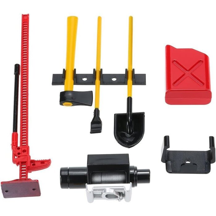 NBT-001 - Share Goo 6PCS RC Plastic Decoration Accessories Tool Set Kit Compatible with 1/10 Scale RC Rock Crawler 4WD D90 D110 SCX10 Wraith, Include Gas Can, Winch, Jack, Shovel, Axe, Pry Bar, Red