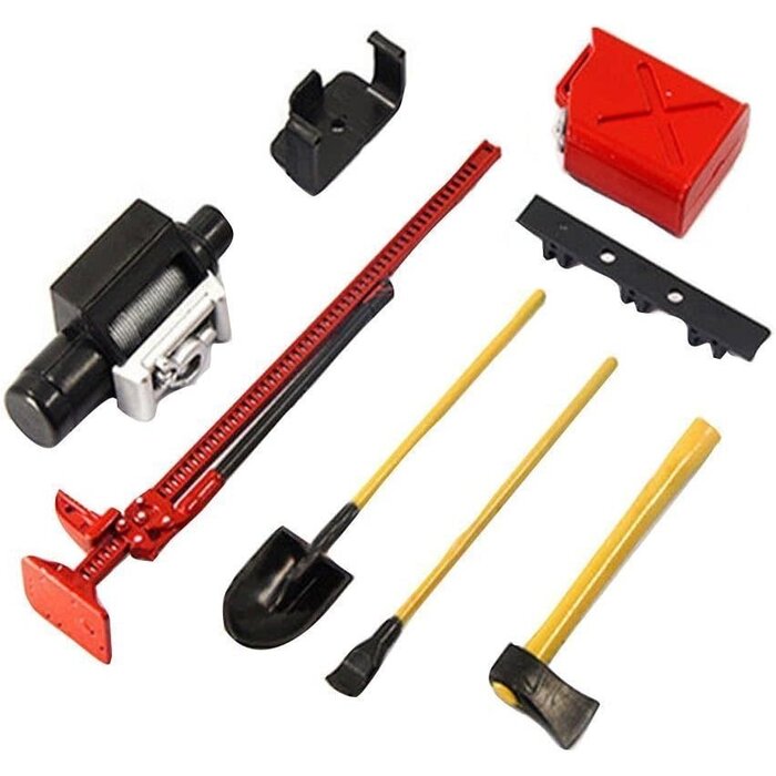 NBT-001 - Share Goo 6PCS RC Plastic Decoration Accessories Tool Set Kit Compatible with 1/10 Scale RC Rock Crawler 4WD D90 D110 SCX10 Wraith, Include Gas Can, Winch, Jack, Shovel, Axe, Pry Bar, Red