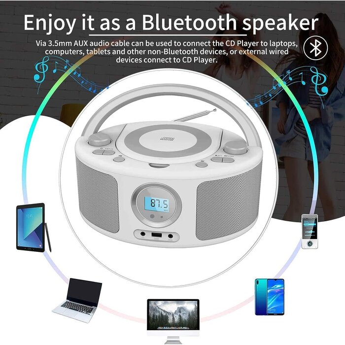 WTB-791 - WIITHINK Portable CD Player Boombox with Bluetooth, FM Radio, Remote Control, USB Input and 3.5mm AUX Headphone Jack, CD-R/CD-RW/MP3/WMA Playback, AC/Battery Powered(WTB-791)
