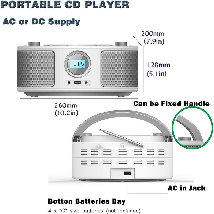WTB-791 - WIITHINK Portable CD Player Boombox with Bluetooth, FM Radio, Remote Control, USB Input and 3.5mm AUX Headphone Jack, CD-R/CD-RW/MP3/WMA Playback, AC/Battery Powered(WTB-791)