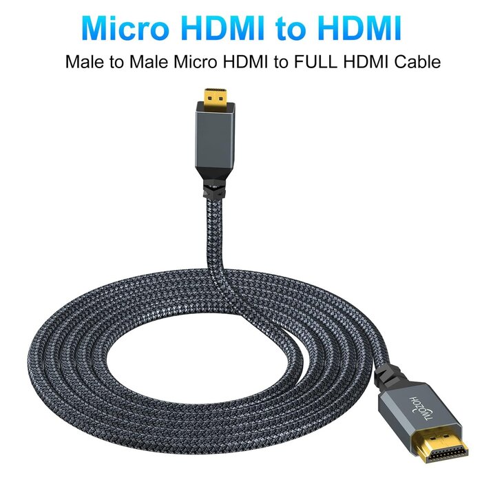 Twozoh HD-012-1.0M - Twozoh 4K Micro HDMI to HDMI Cable 3.3FT, High-Speed Full HDMI to Micro HDMI Braided Cord Support 3D 4K/60Hz 1080p