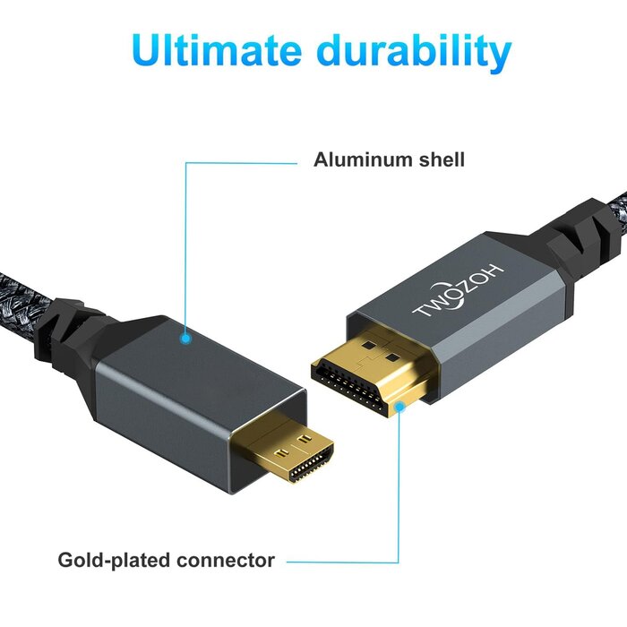 Twozoh HD-012-1.0M - Twozoh 4K Micro HDMI to HDMI Cable 3.3FT, High-Speed Full HDMI to Micro HDMI Braided Cord Support 3D 4K/60Hz 1080p