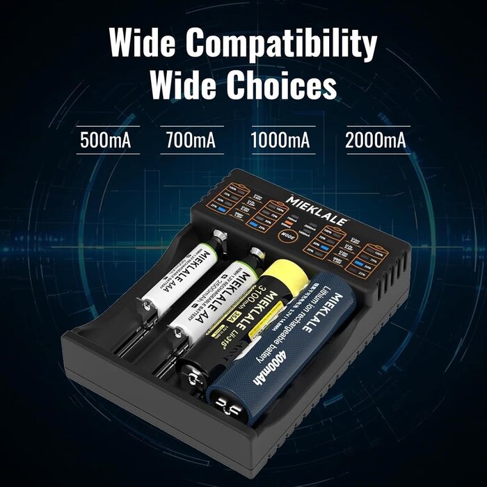 18650-4-CHRGR - MIEKLALE 18650 Battery Charger, 4-Bay Smart Universal Charger for Rechargeable Batteries Li-ion IMR 10440 14500 16340 RCR123 26650 17500 18490,Ni-MH Ni-Cd AA AAA