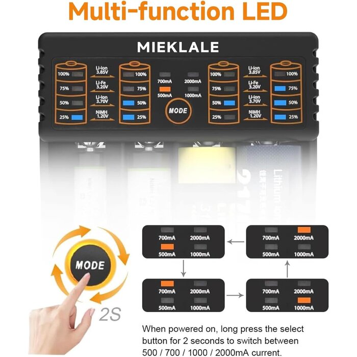 18650-4-CHRGR - MIEKLALE 18650 Battery Charger, 4-Bay Smart Universal Charger for Rechargeable Batteries Li-ion IMR 10440 14500 16340 RCR123 26650 17500 18490,Ni-MH Ni-Cd AA AAA