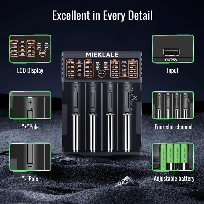 18650-4-CHRGR - MIEKLALE 18650 Battery Charger, 4-Bay Smart Universal Charger for Rechargeable Batteries Li-ion IMR 10440 14500 16340 RCR123 26650 17500 18490,Ni-MH Ni-Cd AA AAA