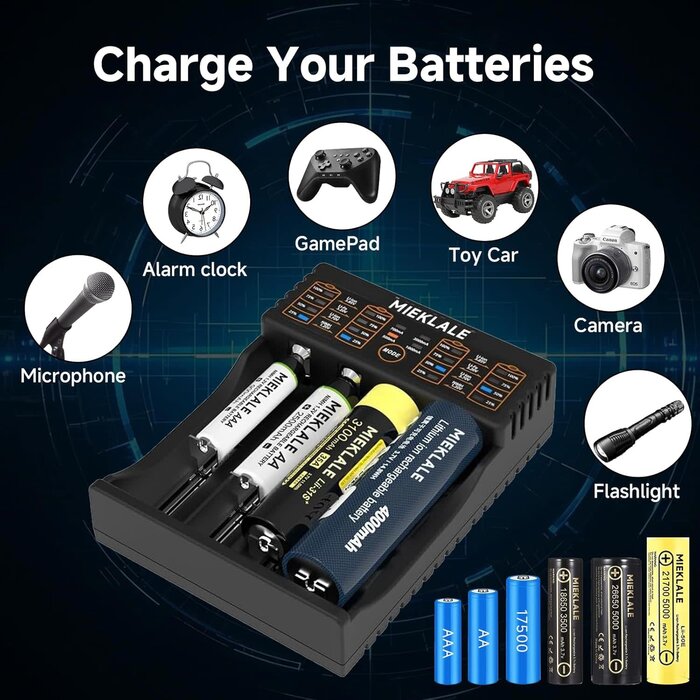 18650-4-CHRGR - MIEKLALE 18650 Battery Charger, 4-Bay Smart Universal Charger for Rechargeable Batteries Li-ion IMR 10440 14500 16340 RCR123 26650 17500 18490,Ni-MH Ni-Cd AA AAA