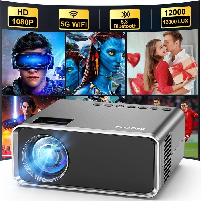 FUDONI GC666 - FUDONI Projector with WiFi and Bluetooth 4K Supported, Upgraded Outdoor Movie Projectors Native 1080P FHD, Video Proyector for Home Theater, Compatible w/HDMI/USB/iOS/Android/Windows/TV Stick