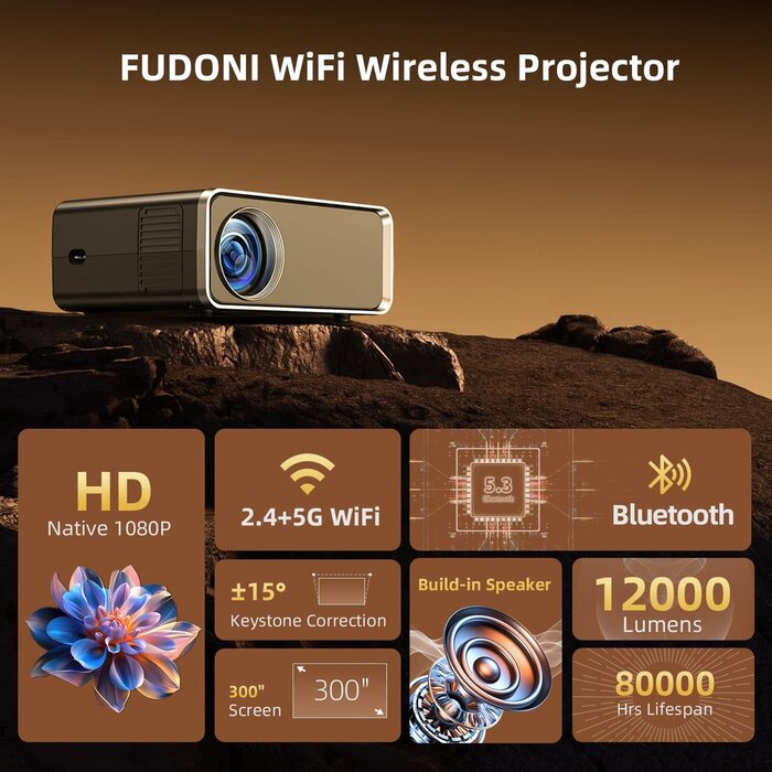 FUDONI GC666 - FUDONI Projector with WiFi and Bluetooth 4K Supported, Upgraded Outdoor Movie Projectors Native 1080P FHD, Video Proyector for Home Theater, Compatible w/HDMI/USB/iOS/Android/Windows/TV Stick
