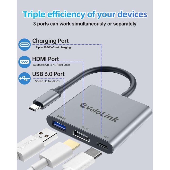 USBC-HDMI+CH - VeloLink USB-C to HDMI Adapter, HDMI to USB-C with 100W PD & USB 3.0,4K HDMI to Typec Adapter, USB C Hub Multiport AV Converter Compatible with MacBook, Laptops, iPhone, PC, Nintendo Switch, steam Deck, rog Ally