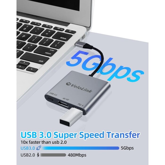 USBC-HDMI+CH - VeloLink USB-C to HDMI Adapter, HDMI to USB-C with 100W PD & USB 3.0,4K HDMI to Typec Adapter, USB C Hub Multiport AV Converter Compatible with MacBook, Laptops, iPhone, PC, Nintendo Switch, steam Deck, rog Ally