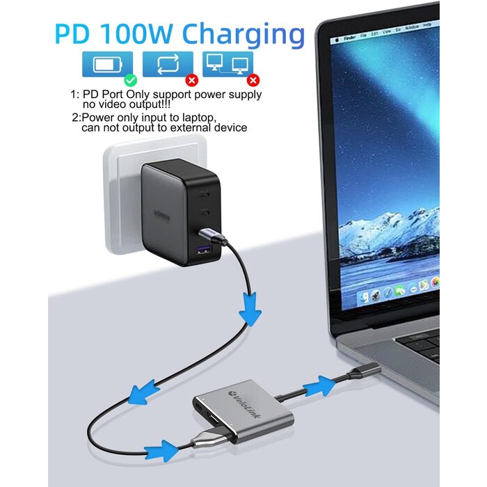 USBC-HDMI+CH - VeloLink USB-C to HDMI Adapter, HDMI to USB-C with 100W PD & USB 3.0,4K HDMI to Typec Adapter, USB C Hub Multiport AV Converter Compatible with MacBook, Laptops, iPhone, PC, Nintendo Switch, steam Deck, rog Ally