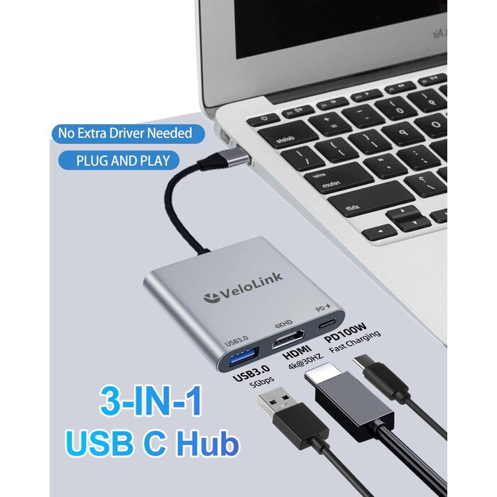 USBC-HDMI+CH - VeloLink USB-C to HDMI Adapter, HDMI to USB-C with 100W PD & USB 3.0,4K HDMI to Typec Adapter, USB C Hub Multiport AV Converter Compatible with MacBook, Laptops, iPhone, PC, Nintendo Switch, steam Deck, rog Ally