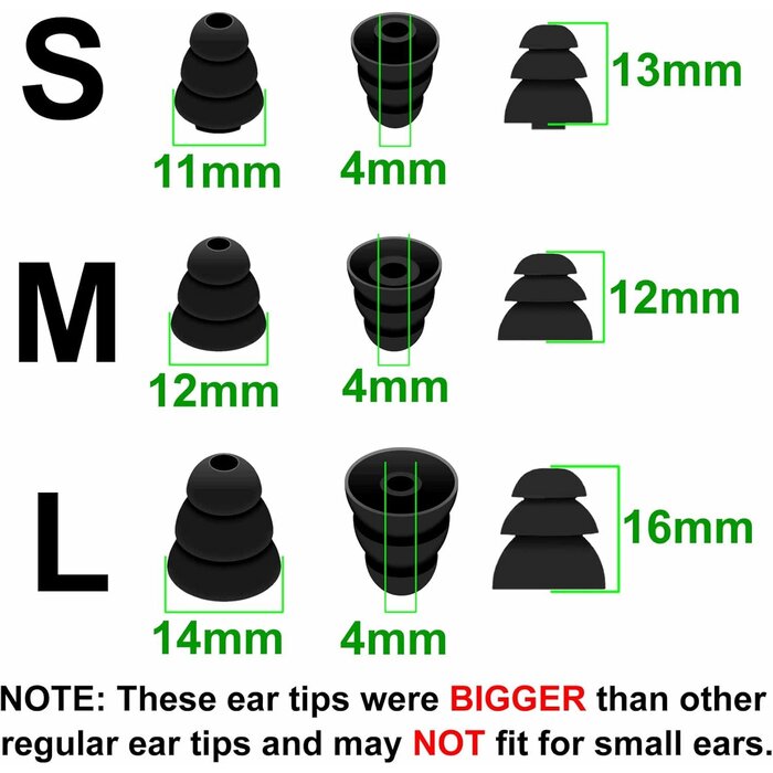 T-3FLANGE-SML6P - A-Focus 6 Pairs Noise Isolation Triple Three Flange Ear Tips Buds Plugs Gels Bud with 4mm Inner Hole for Inside Diameter 4mm-4.8mm Earbuds in-Ear Earphones, S/M/L Black