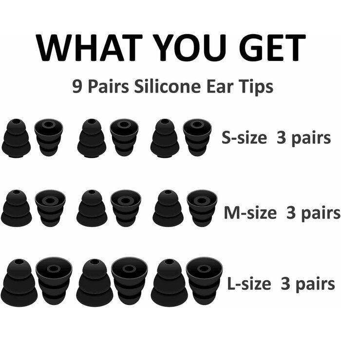 T-3FLANGE-SML6P - A-Focus 6 Pairs Noise Isolation Triple Three Flange Ear Tips Buds Plugs Gels Bud with 4mm Inner Hole for Inside Diameter 4mm-4.8mm Earbuds in-Ear Earphones, S/M/L Black